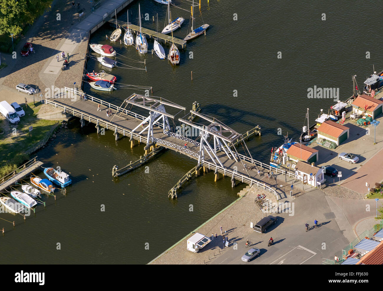 Aerial view, bascule bridge in Wieck, Greifswald, historic drawbridge Ryck, Wieck, Greifswald, Greifswald,Mecklenburg-Vorpommern Stock Photo