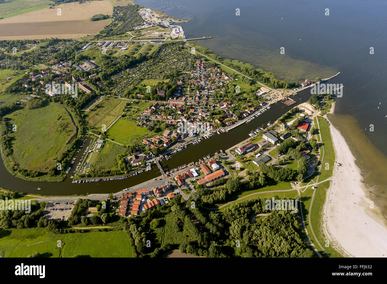 Aerial view, bascule bridge in Wieck, Greifswald, historic drawbridge Ryck, Wieck, Greifswald, Greifswald,Mecklenburg-Vorpommern Stock Photo