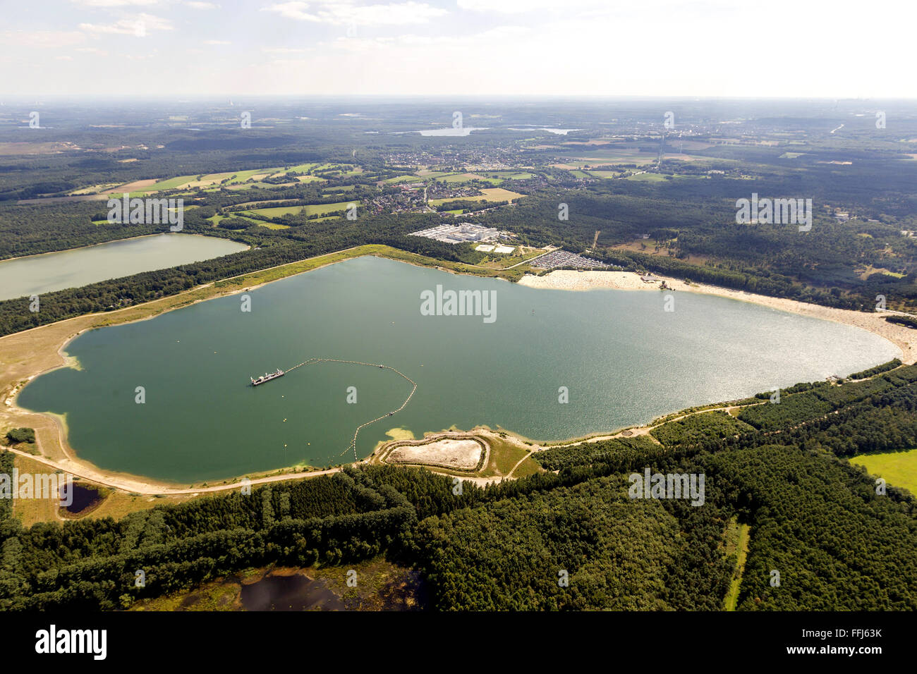 Aerial view, sandy beach, lake, shore, sea shore, bathers, Silbersee II Haltern Duelmen, Haltern am See, Ruhr, Stock Photo