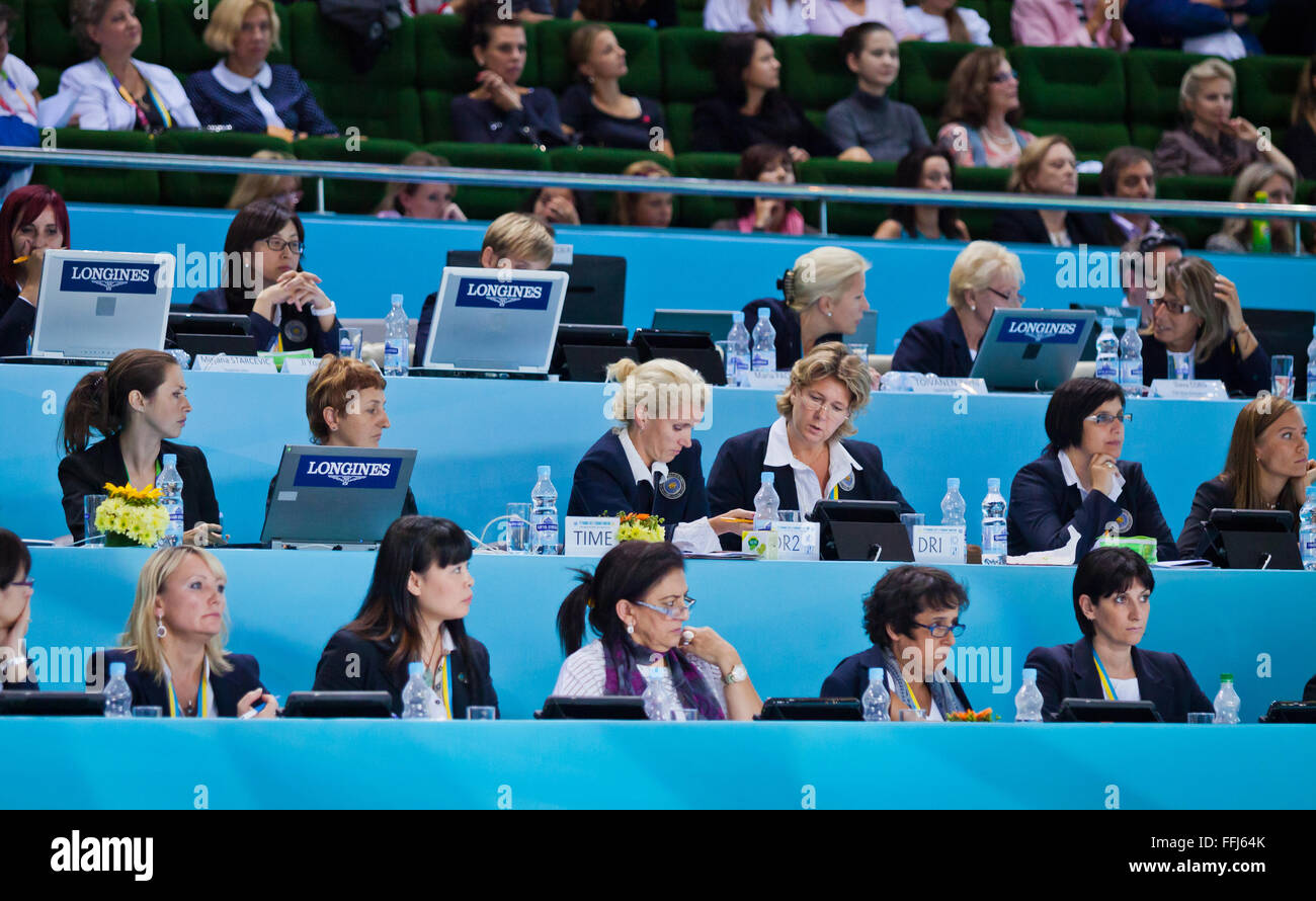 KYIV, UKRAINE - AUGUST 30, 2013: The judges team during 32nd Rhythmic Gymnastics World Championship (Individual All-Around compe Stock Photo