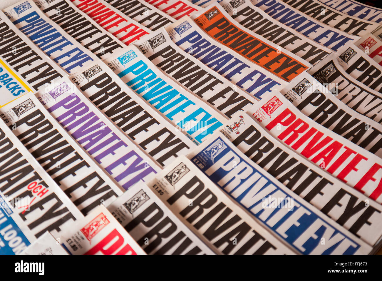 An array of Private Eye magazine covers showing their logo. Stock Photo