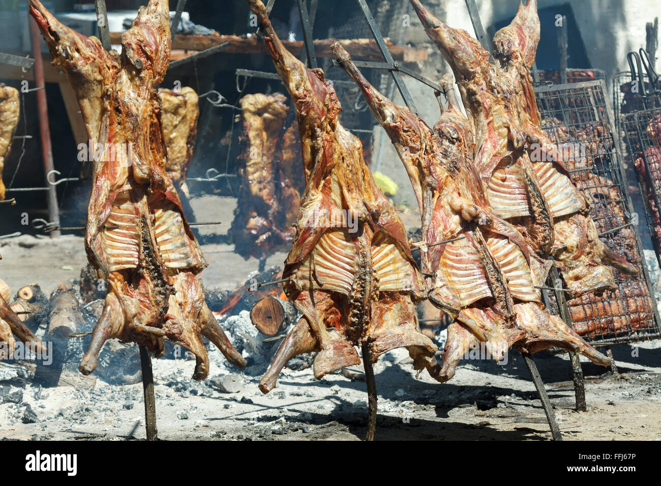 Argentina patagonian lamb asado al asador grilled Stock Photo