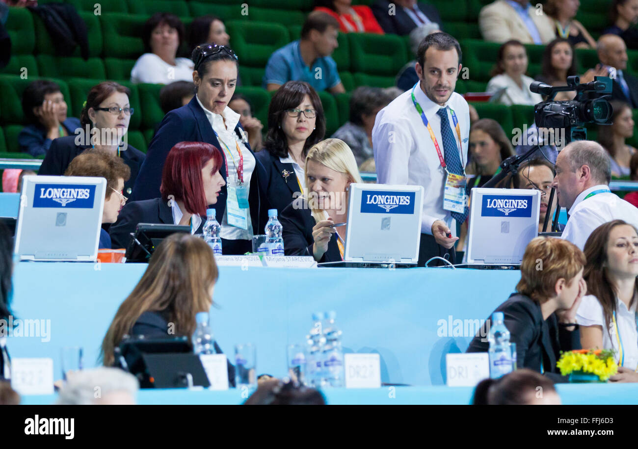 KYIV, UKRAINE - SEPTEMBER 1, 2013: The judges team during 32nd Rhythmic Gymnastics World Championship (Group Apparatus Final competition) Stock Photo