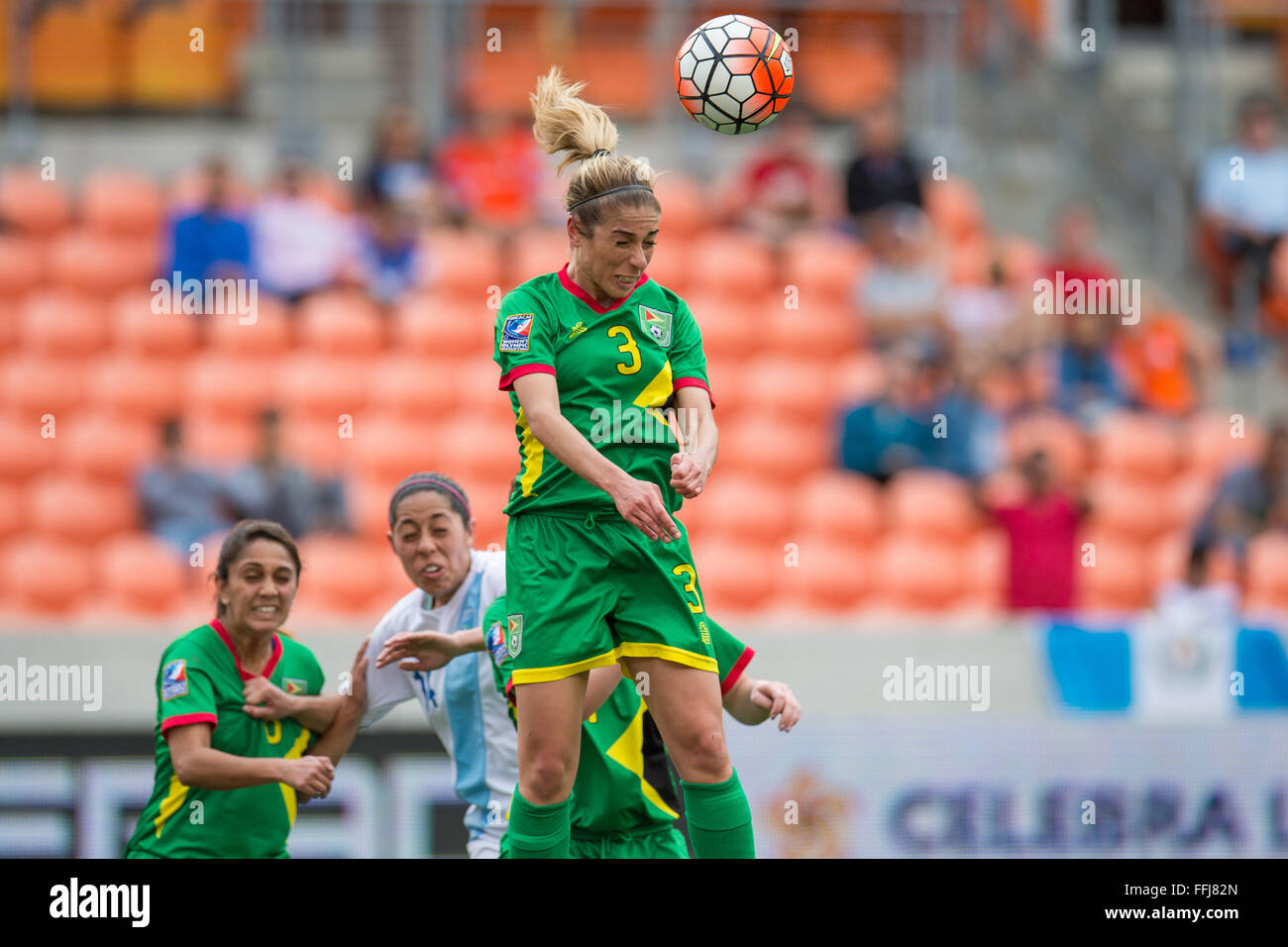Houston, TX, USA. 14th Feb, 2016. Guyana defender Briana DeSouza (3) heads the ball during a CONCACAF Olympic Qualifying soccer match between Guatemala and Guyana at BBVA Compass Stadium in Houston, TX. Guyana won 2-1.Trask Smith/CSM/Alamy Live News Stock Photo