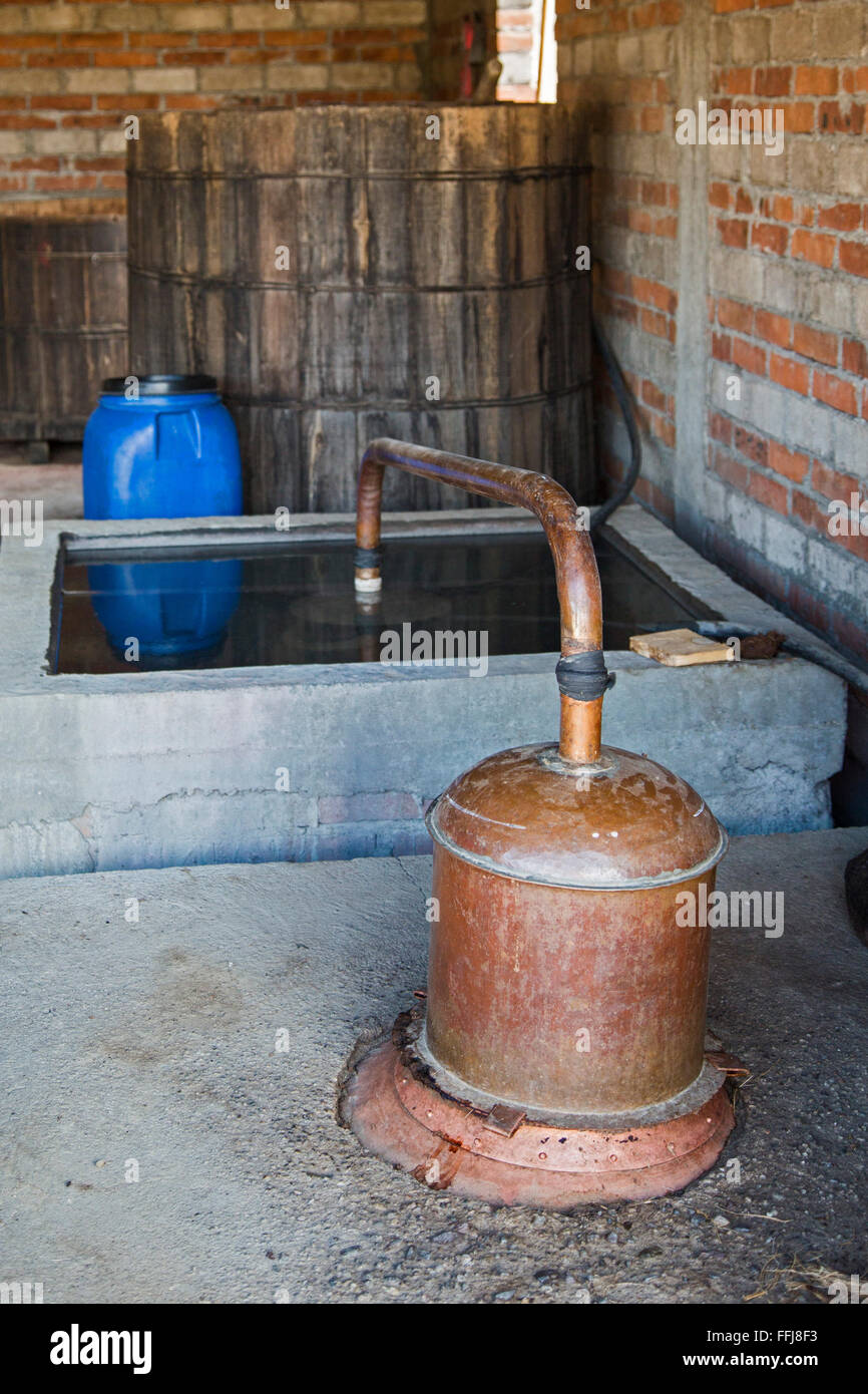 San Dionisio Ocotepec, Oaxaca, Mexico - A copper still at a mezcal distillery. Stock Photo