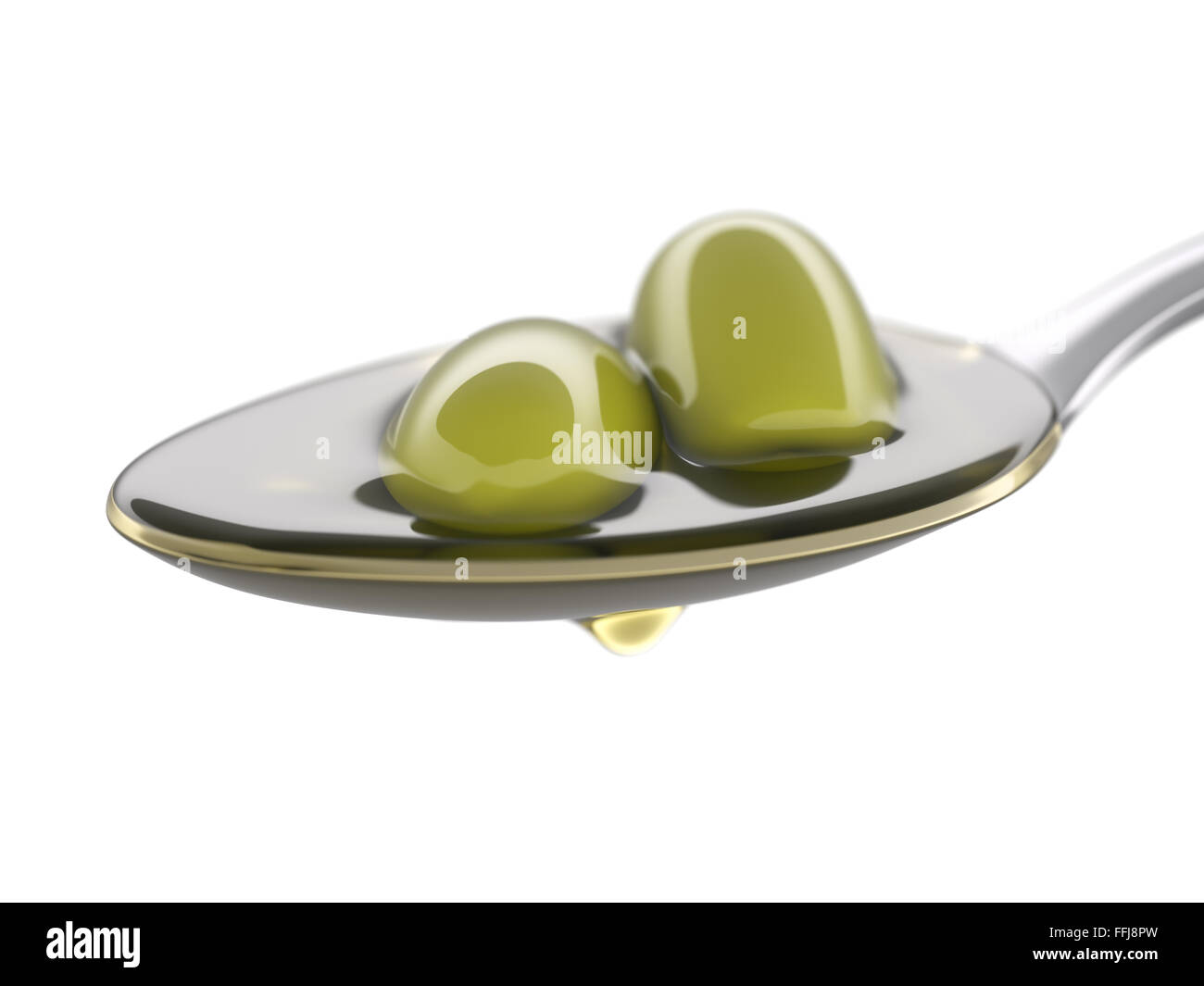 Spoon with green olives and olive oil isolated on white Stock Photo - Alamy
