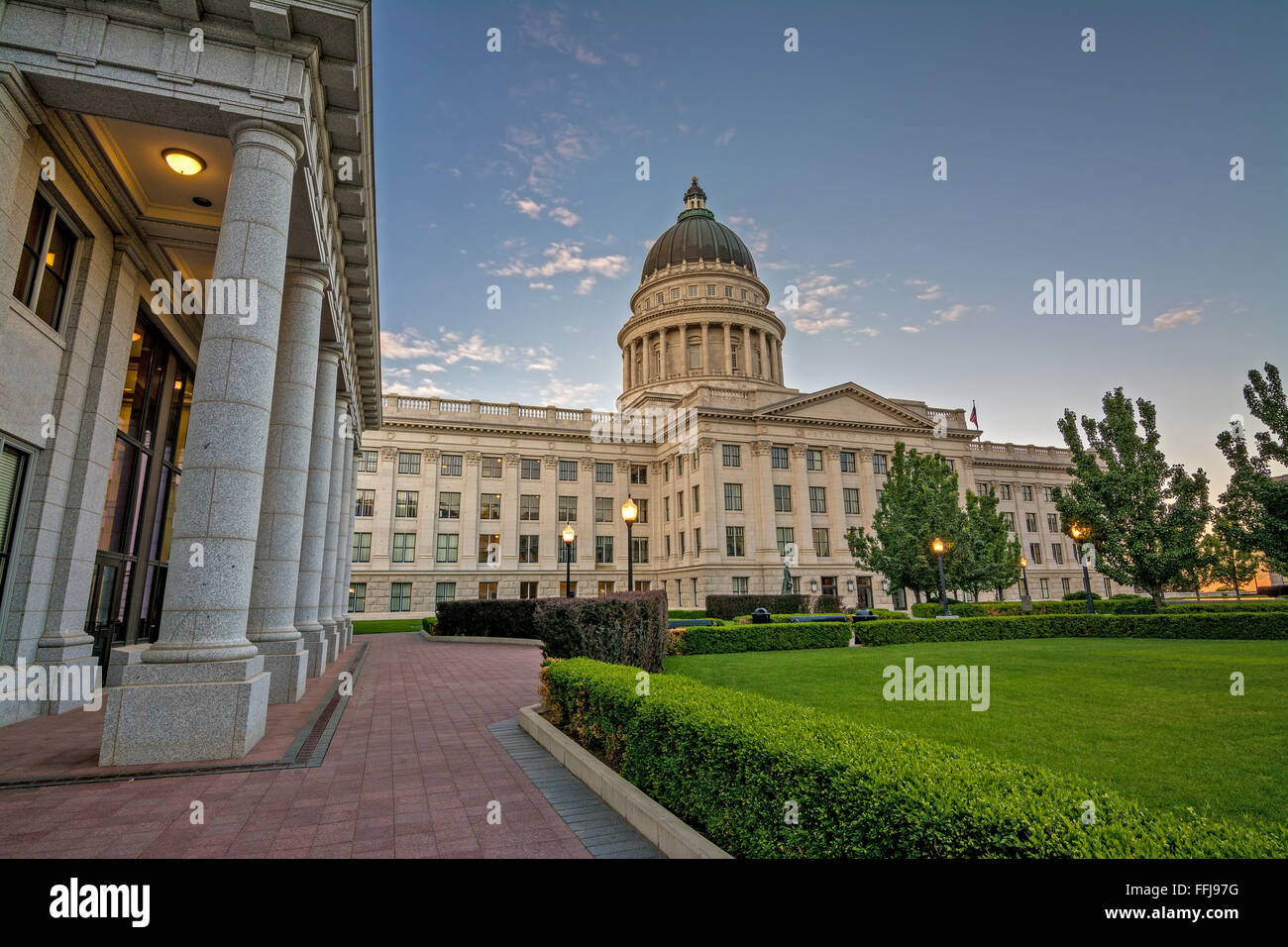 Unique view of the Utah state capital building and park Stock Photo