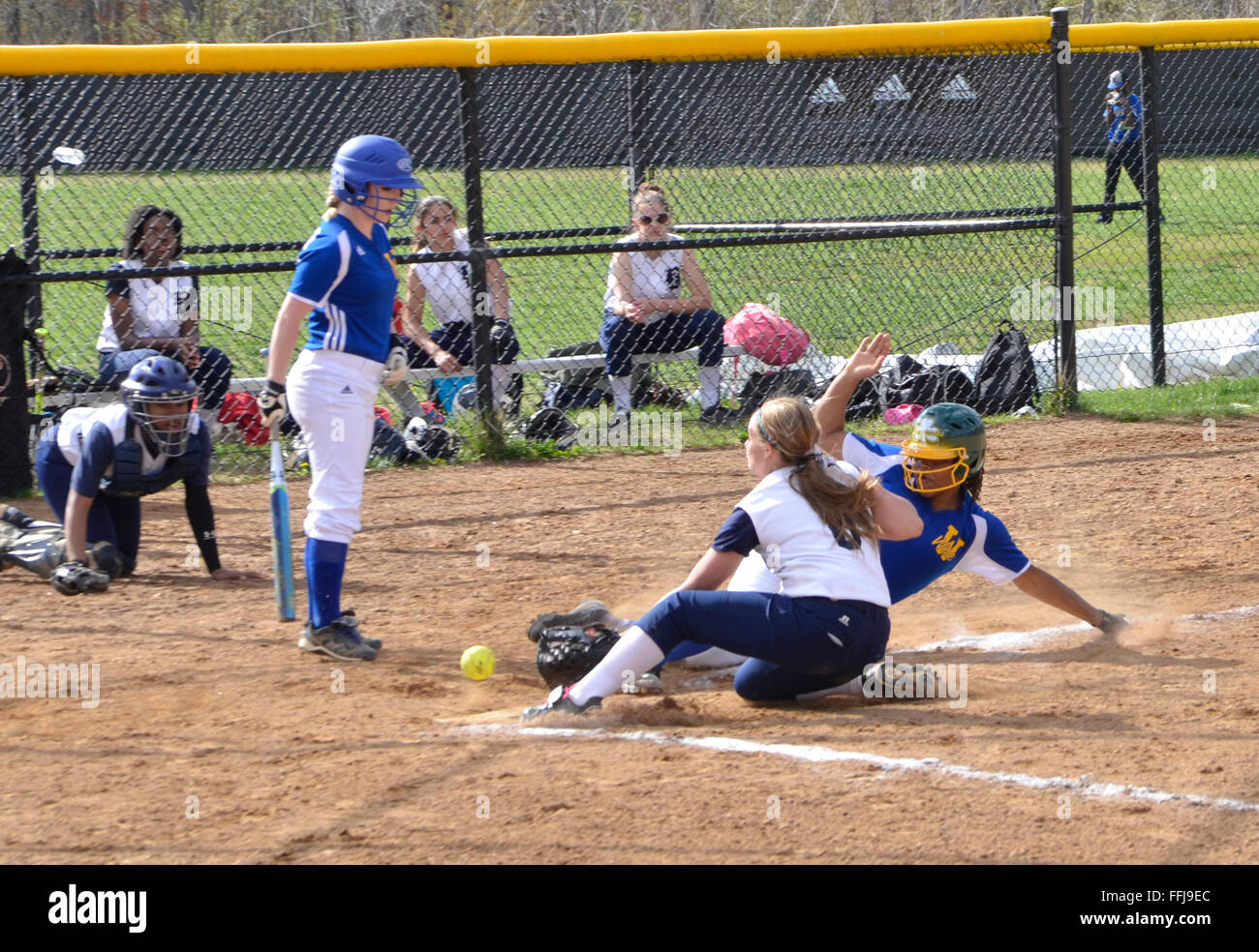 Scoring a run in a softball game Stock Photo