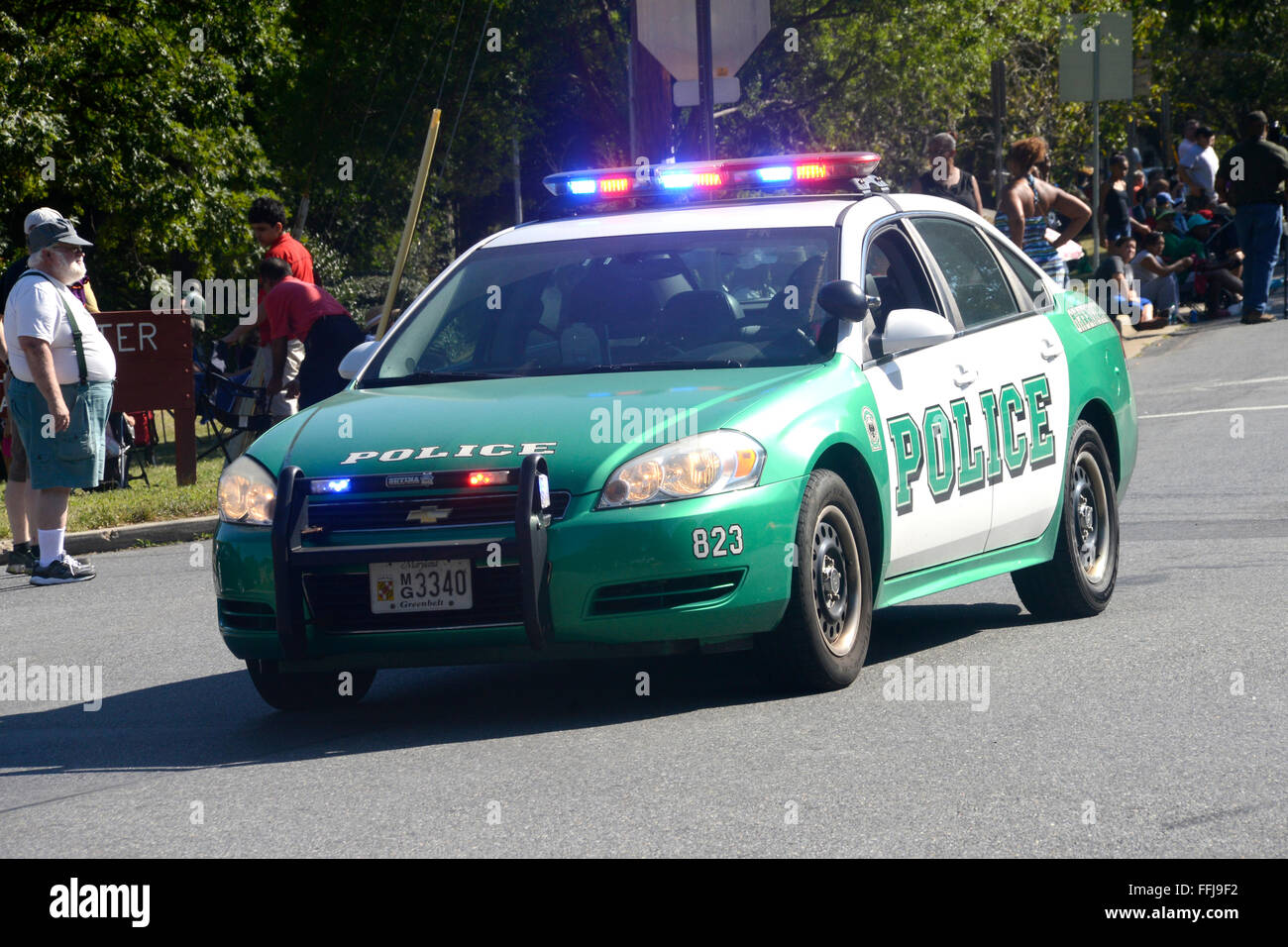 Police car on a emergency call in Greenbelt, Md Stock Photo
