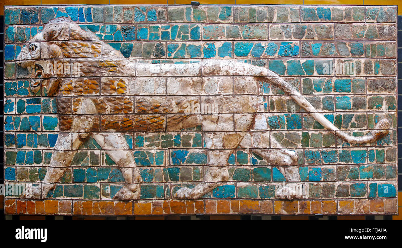 Lion on Babylonian mosaic, fragment of the Ishtar Gate in Istanbul, Turkey Stock Photo