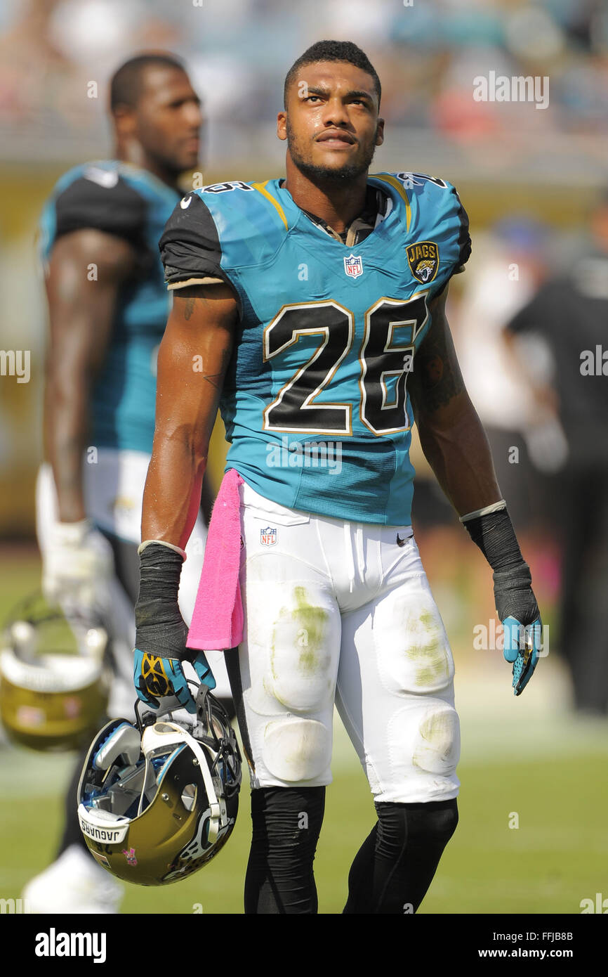 Jacksonville, FL, USA. 20th Oct, 2013. Jacksonville Jaguars free safety  Josh Evans (26) with his helmet off during an NFL game against the San  Diego Chargers at EverBank Field on Oct. 20,