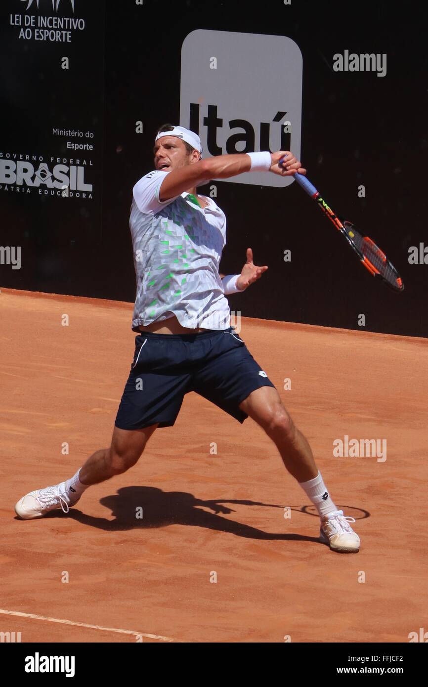 Rio de Janeiro, Brazil, February 14th 2016. Paul-Henri Mathieu (FRA) during the match against Daniel Gimeno-Traver (ESP) in the qualifying phase of the Men's Singles tournament of the Rio Open 2016 ATP 500, held on clay courts at Jockey Club Brasileiro. Mathieu retired. Credit:  Maria Adelaide Silva/Alamy Live News Stock Photo