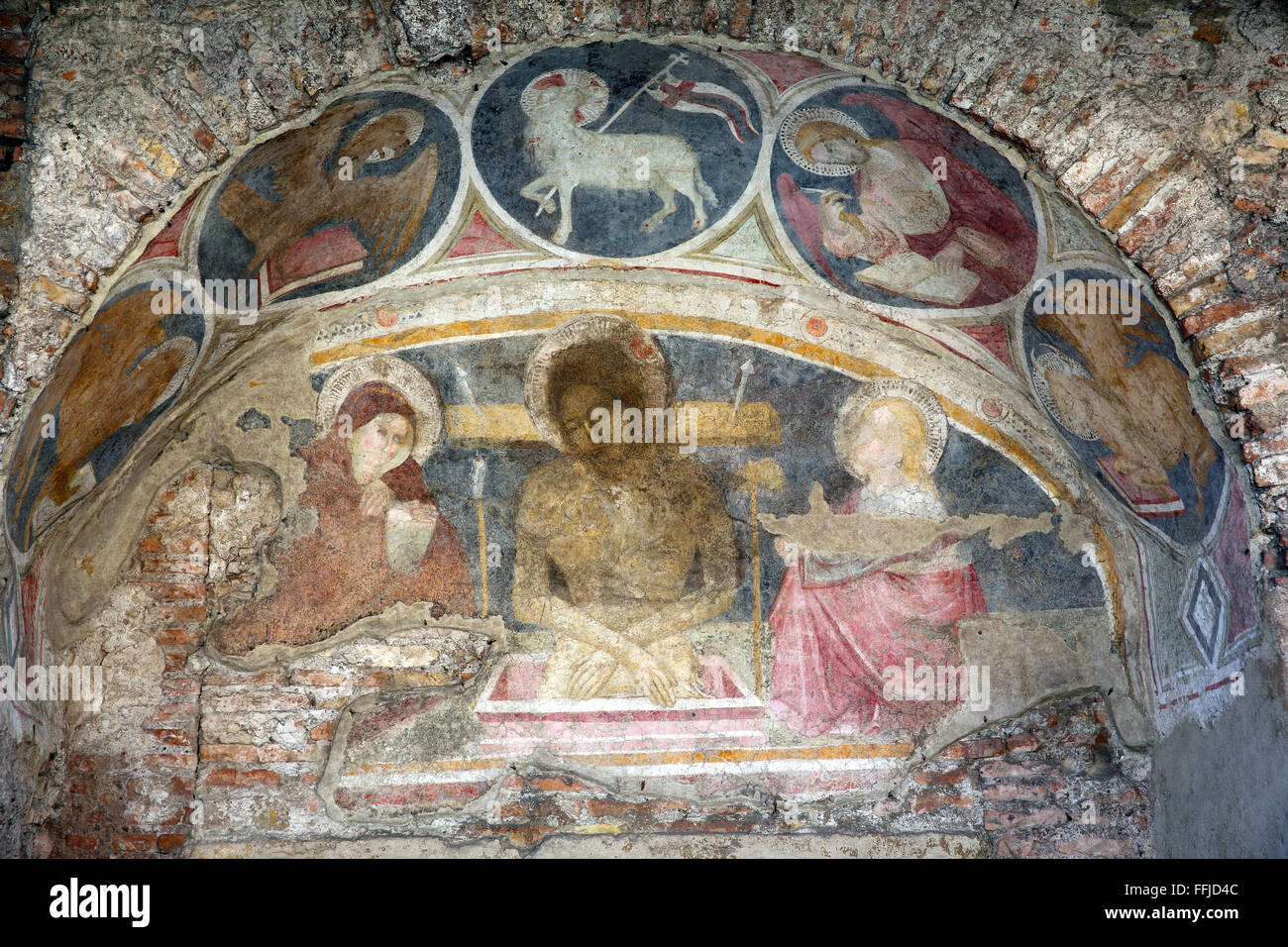Frescoed lunette of the Church of San Biagio del Mercato.  The fresco is by the steps to the Santa Maria in Aracoeli church. Stock Photo