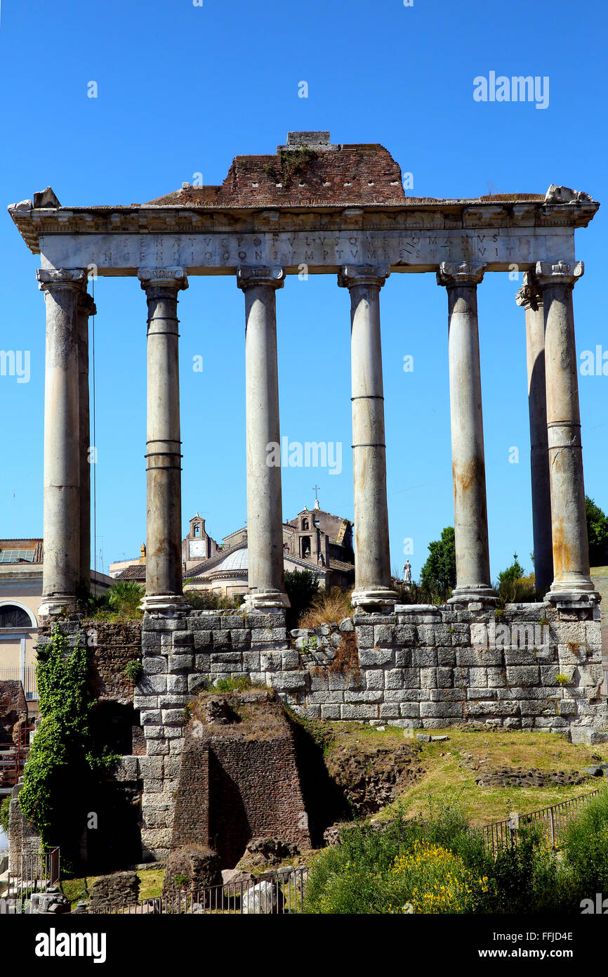 The Temple of Saturn in the Roman Forum in Rome. Stock Photo