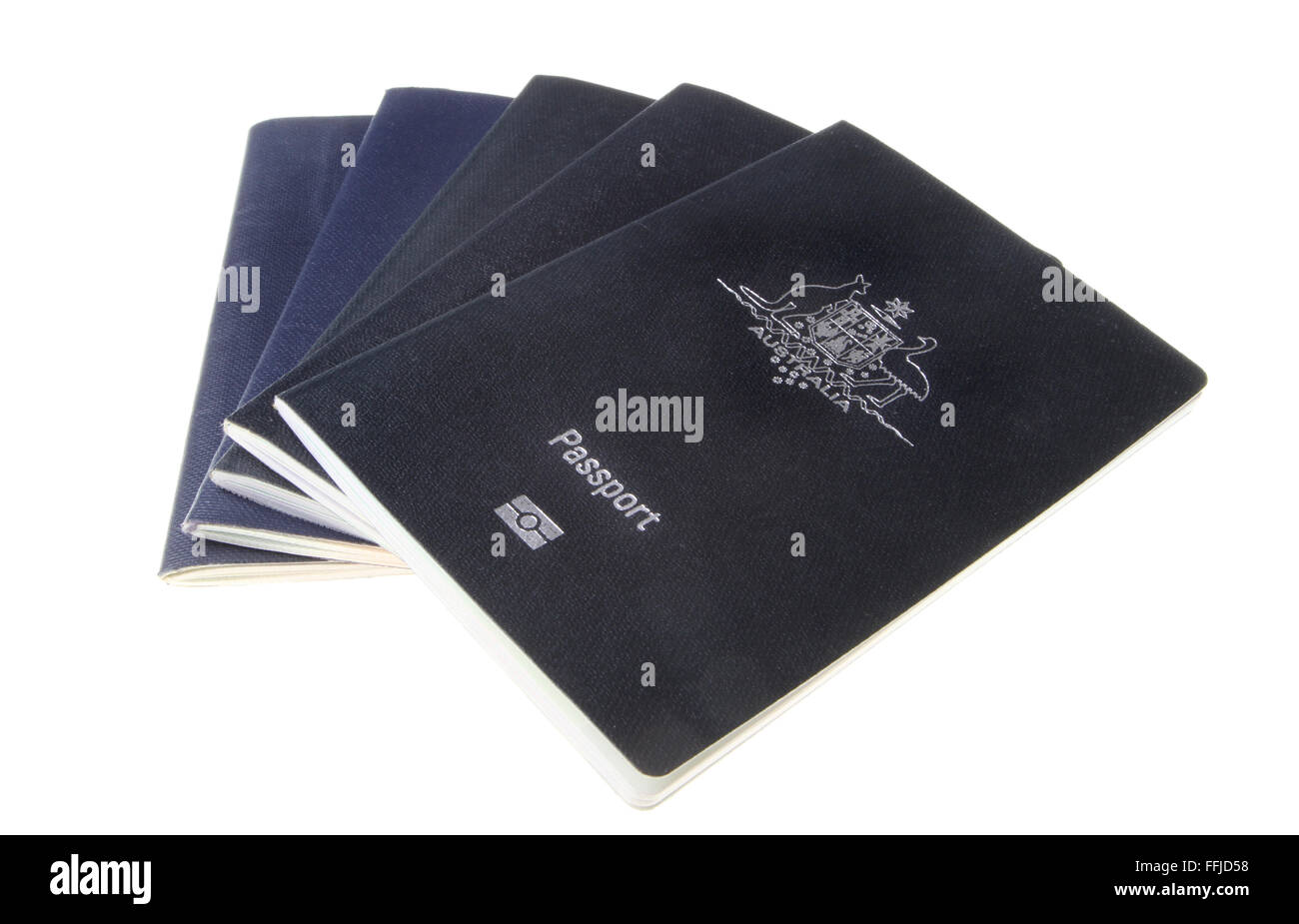 Stack of five Australian passports isolated on white background Stock Photo