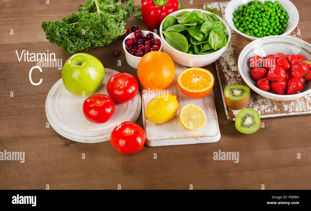 Foods High in Vitamin C. Healthy eating. View from above Stock Photo