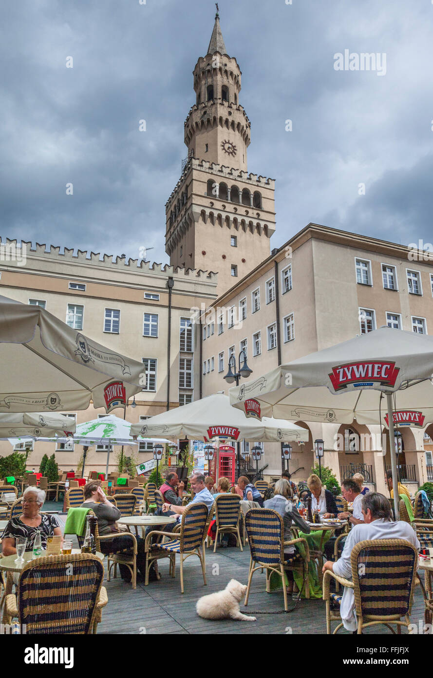 Poland, UpperSilesia, Opole, open air restaurant at Opole Town Hall Stock Photo