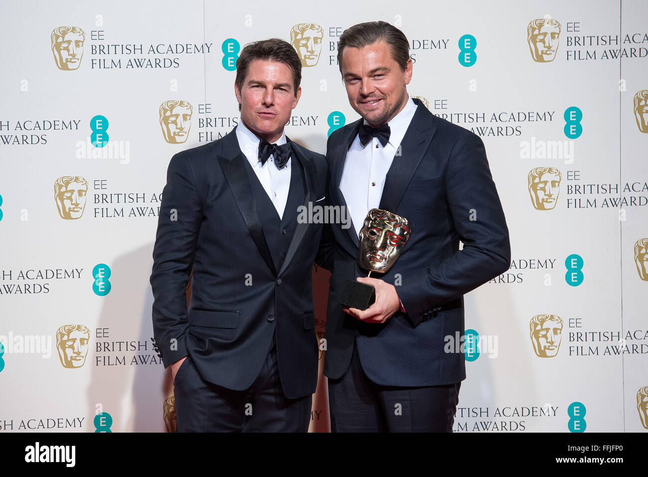 London, UK. 14th February, 2016. Actors Tom Cruise (L) and Leonardo DiCaprio  pose in the press room of the EE British Academy Film Awards, BAFTA Awards,  at the Royal Opera House in