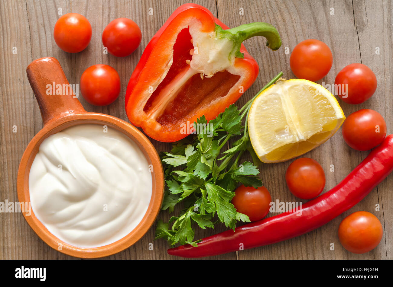 Vegetables and sour cream for cooking Stock Photo