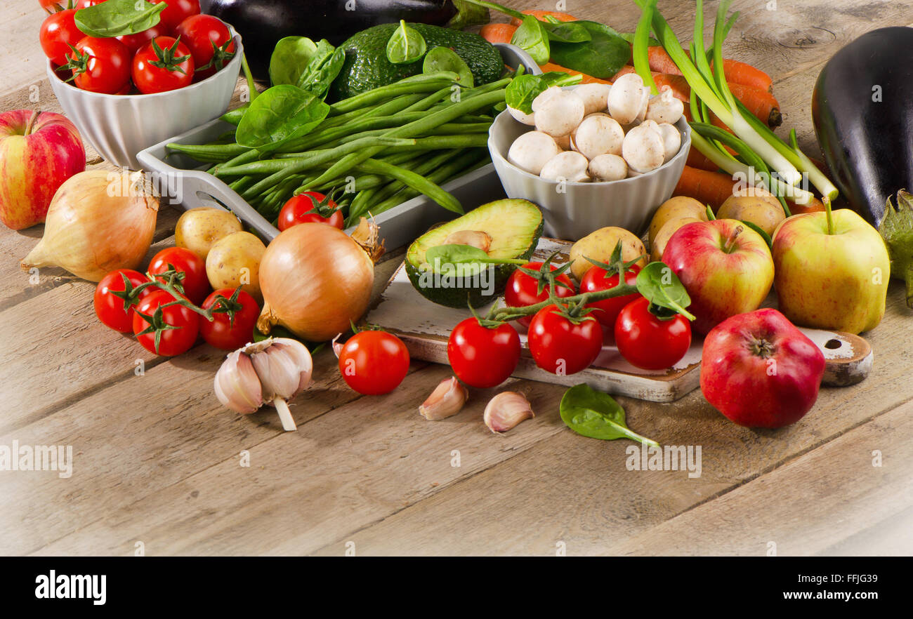 Organic vegetables and fruits. Healthy food concept. Stock Photo