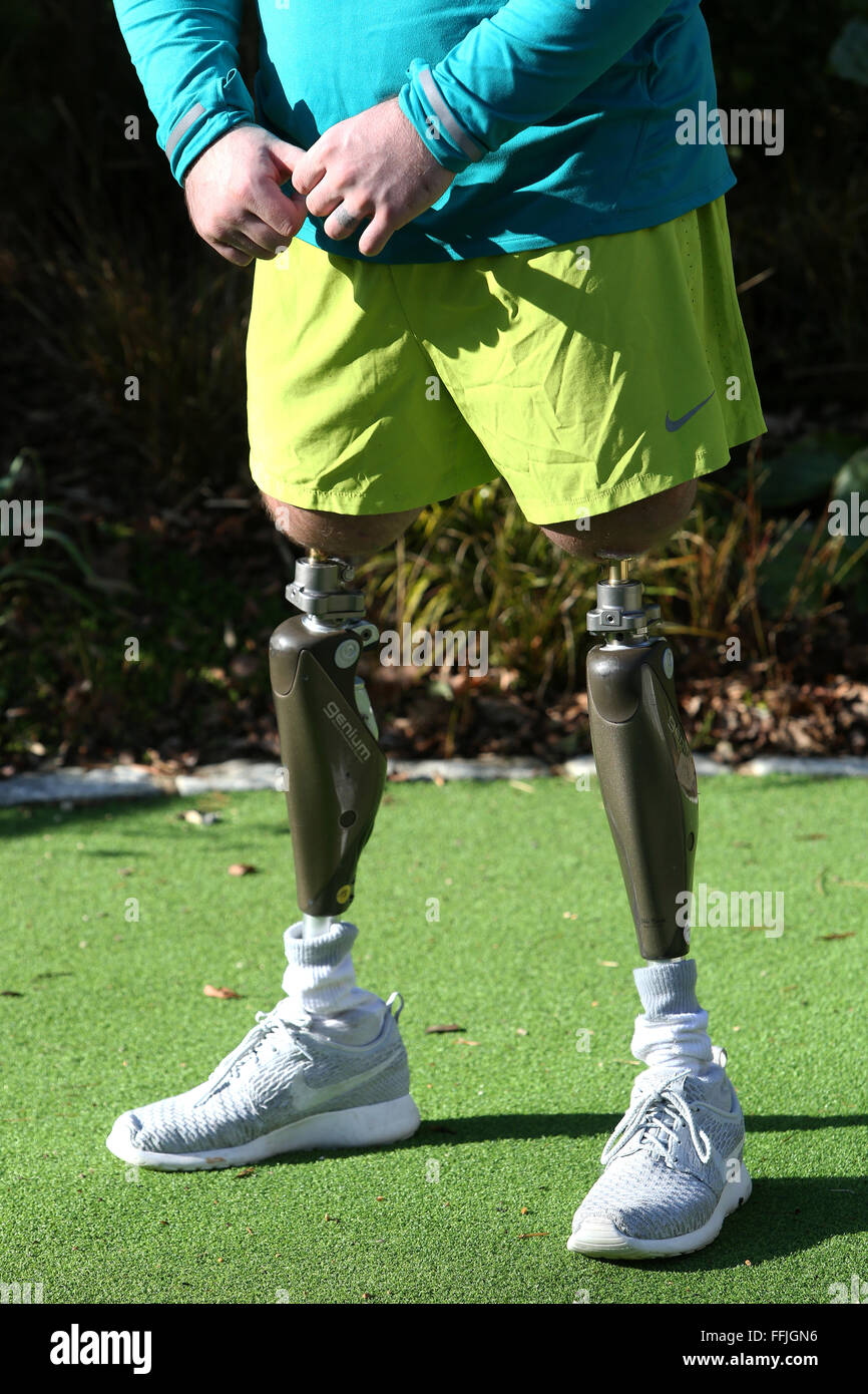 Male pictured with prosthetic legs in London, UK. Stock Photo