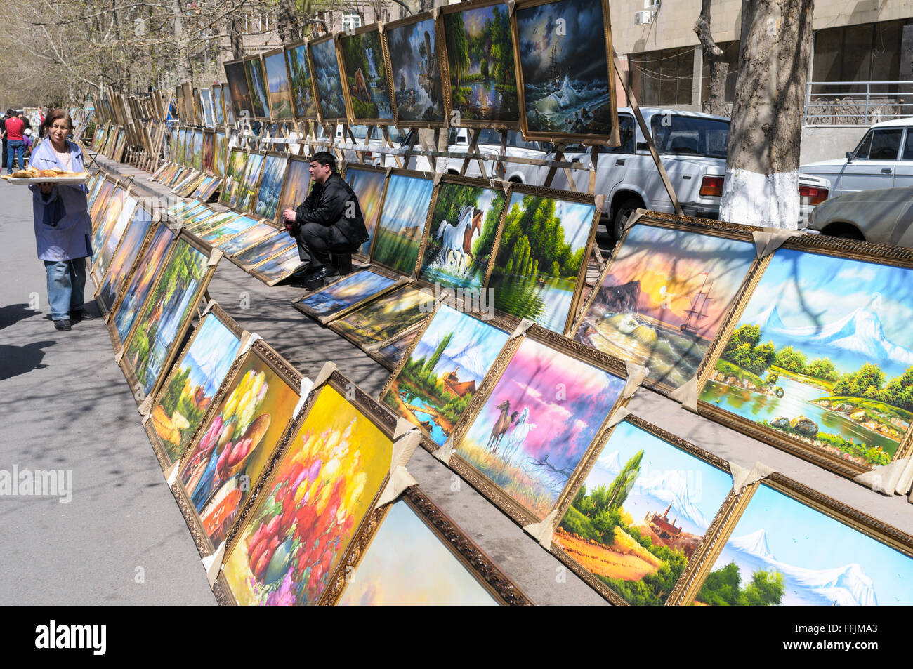 Art for sale at the Vernissage open-air flea market, Yerevan, Armenia Stock Photo
