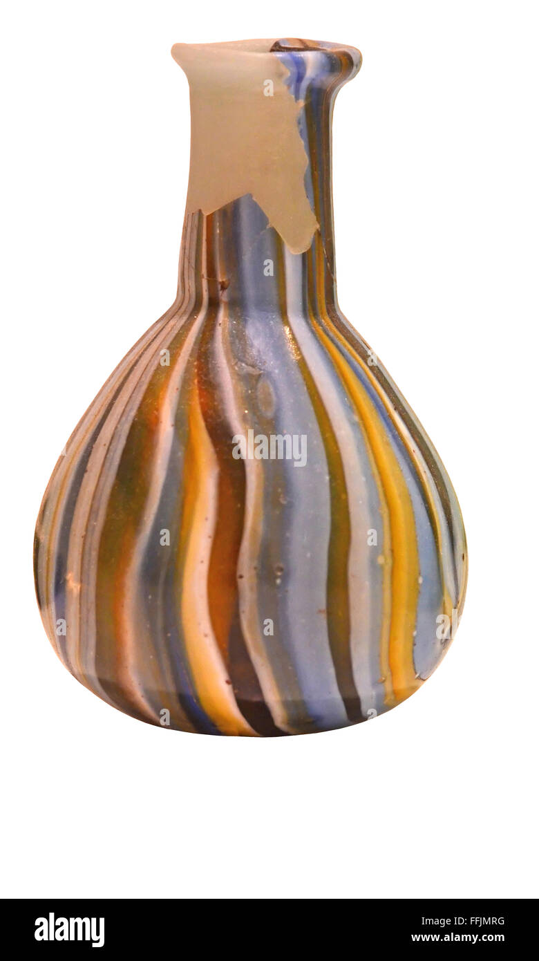 1st century AD, ancient roman beautiful colourful striped glass vase. Isolated against a white background Stock Photo
