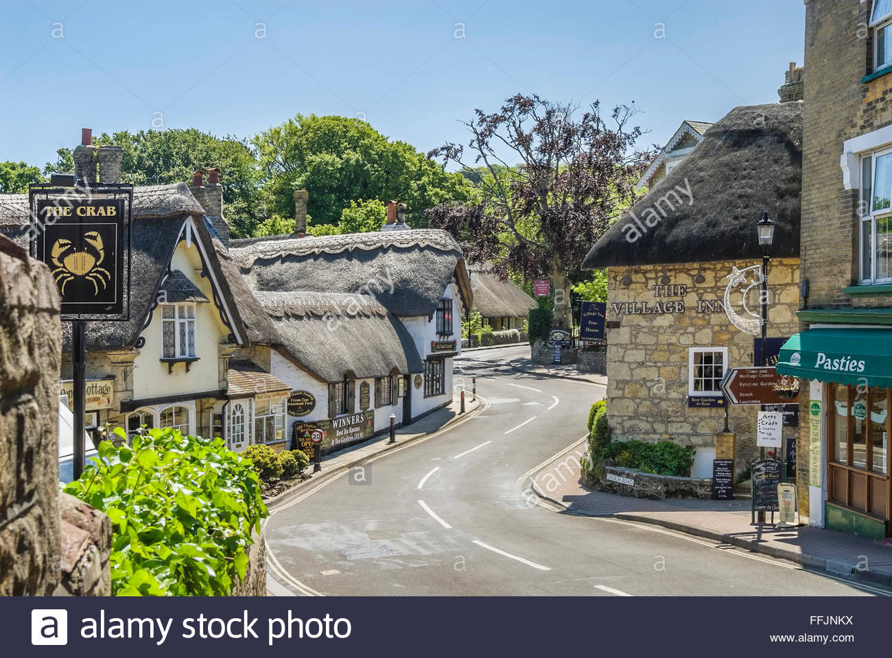 Thatched roof cottages at village Shanklin, Isle of Wight, South England Stock Photo