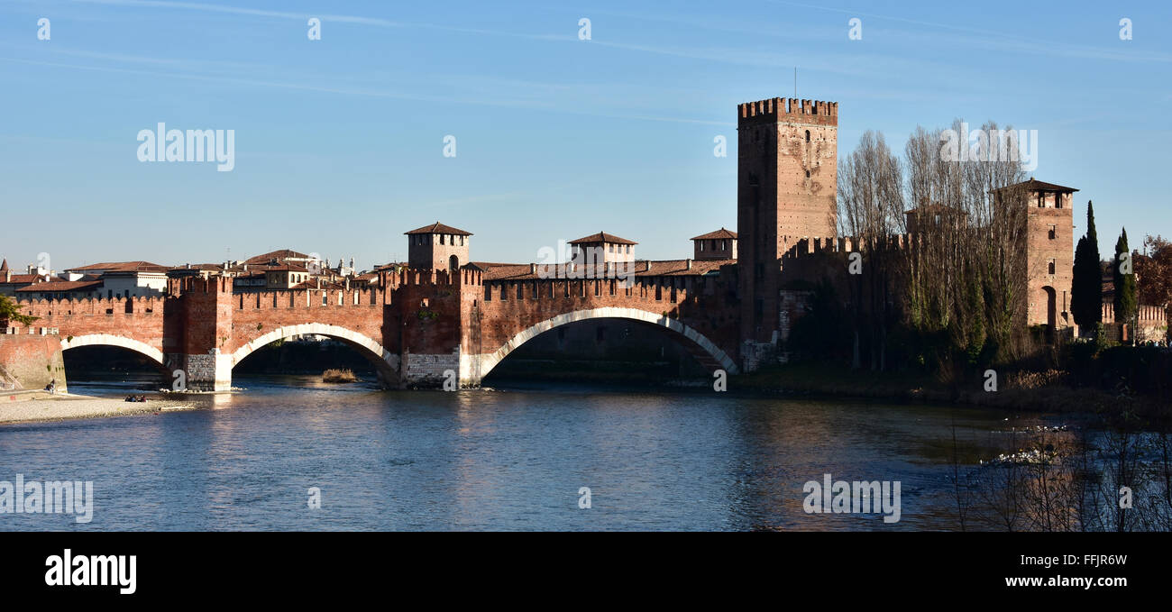 Panorma of the Adige River in Verona with Castlevecchio and Scaliger Bridge Stock Photo