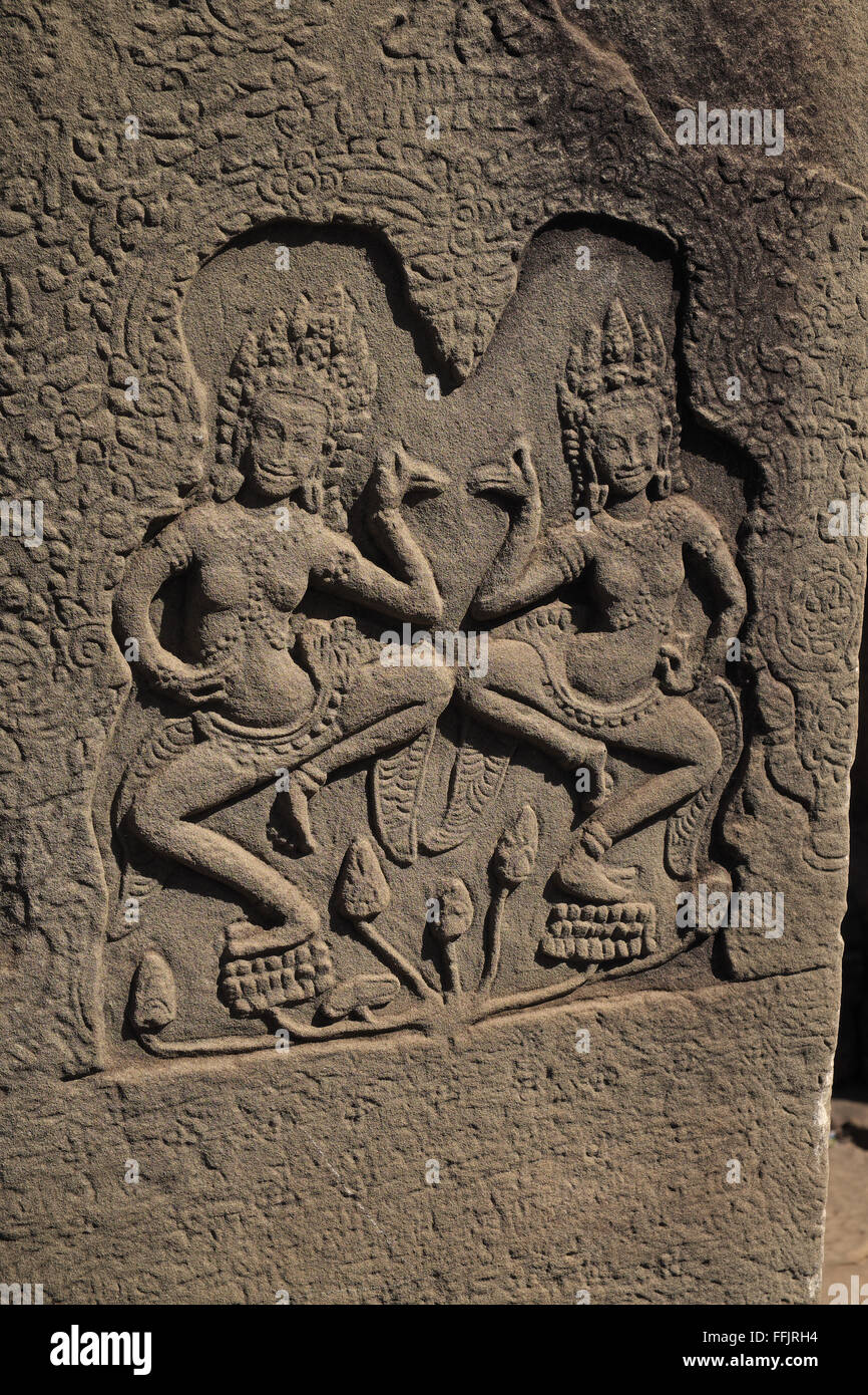 Base relief of dancers, Bayon temple, Angkor Thom, near Siem Reap, Cambodia, Asia. Stock Photo