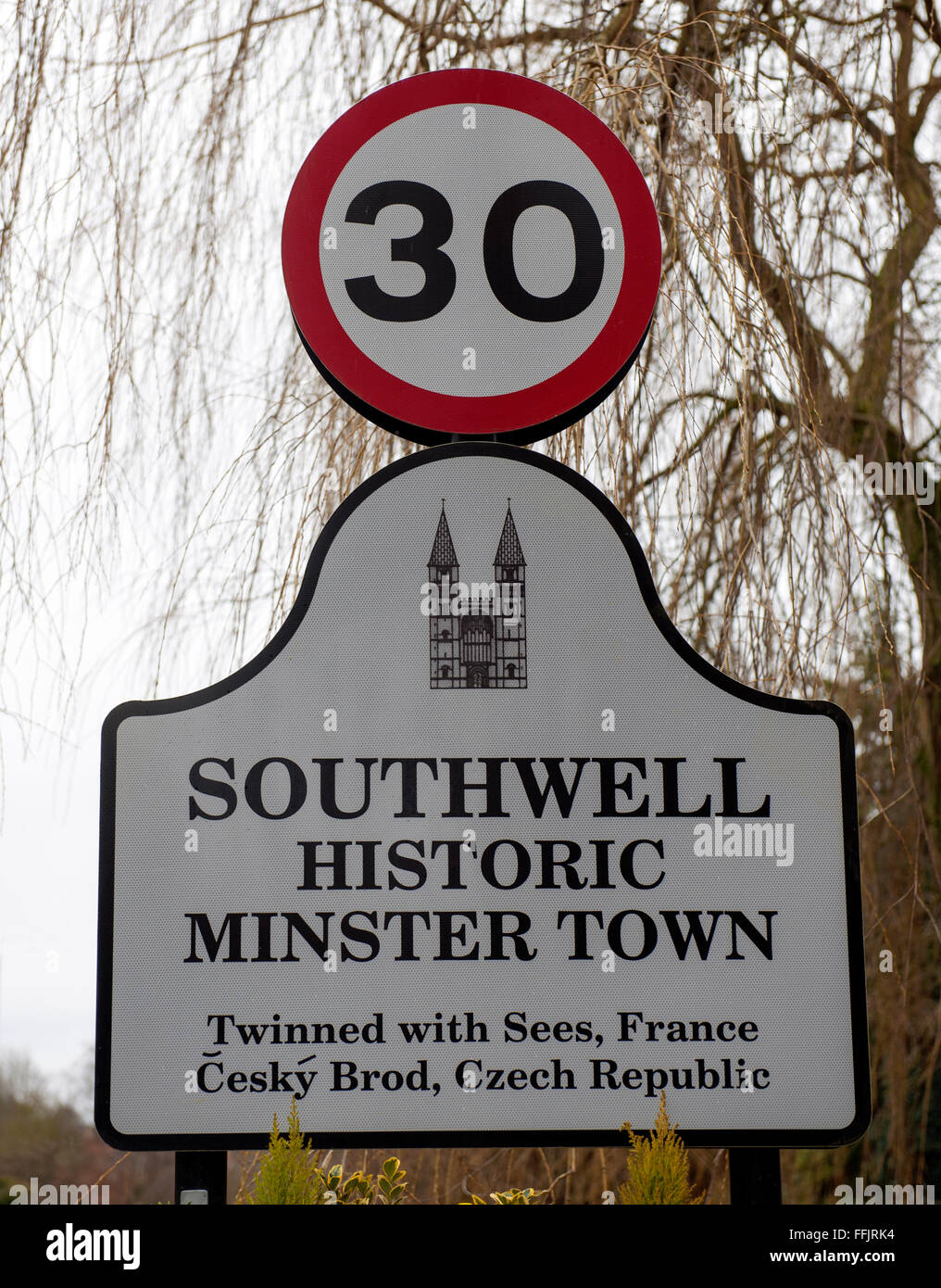Village name sign for Southwell, Nottinghamshire, England, UK Stock Photo