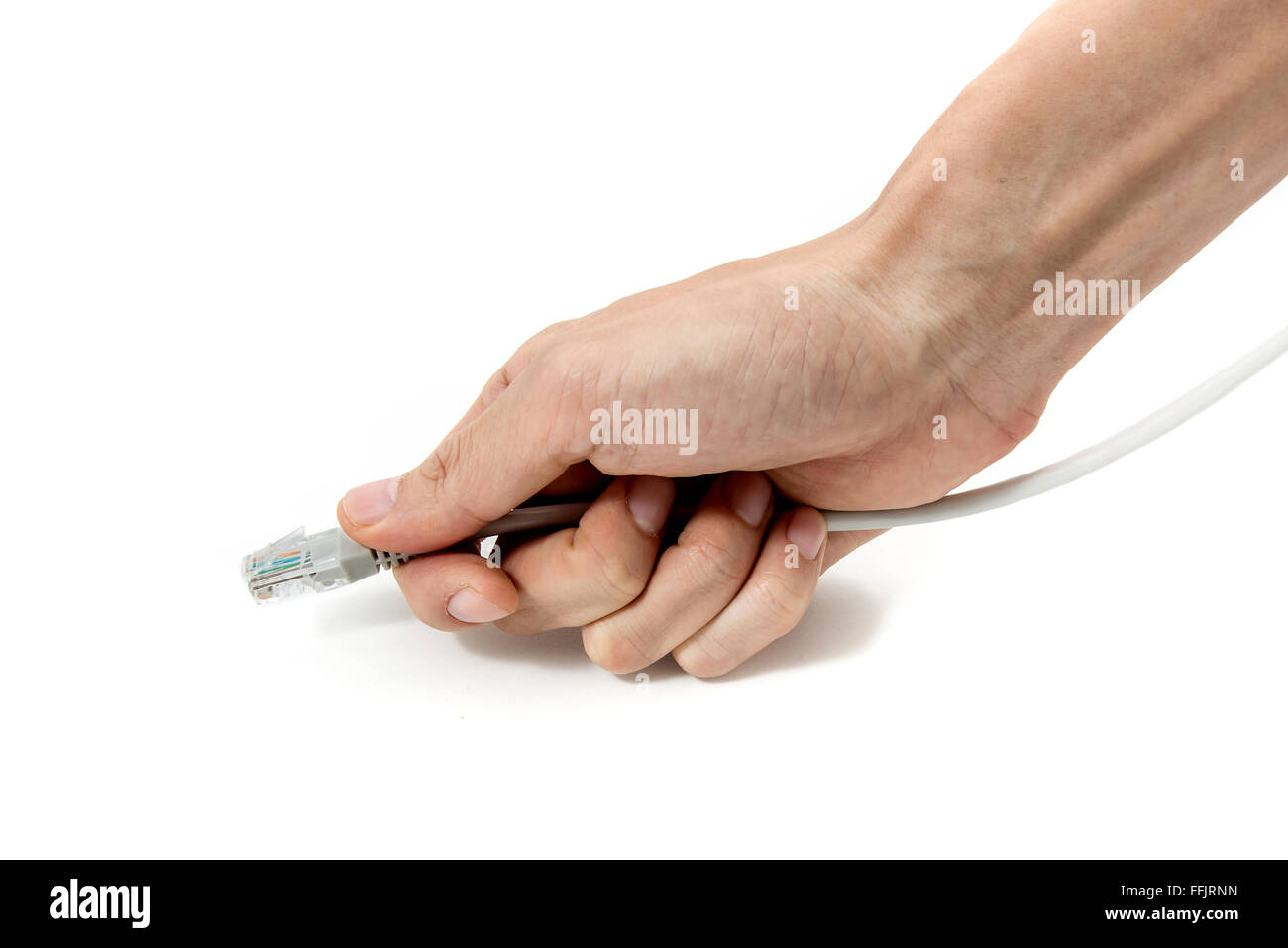 Readymade LAN cable on IT professional hand Stock Photo Alamy
