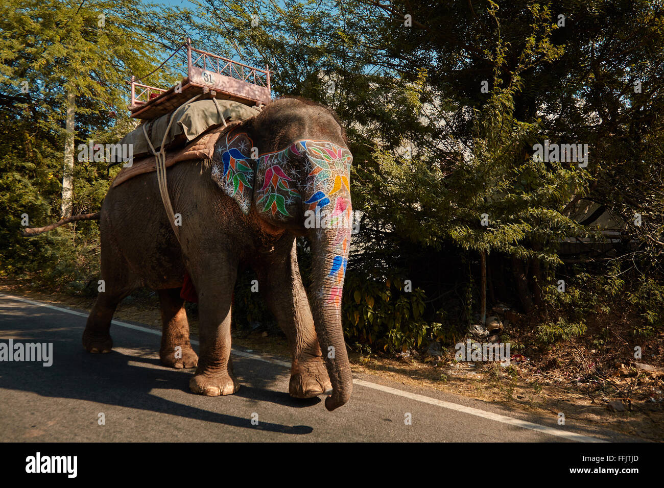 Painted walking elephant on road Stock Photo