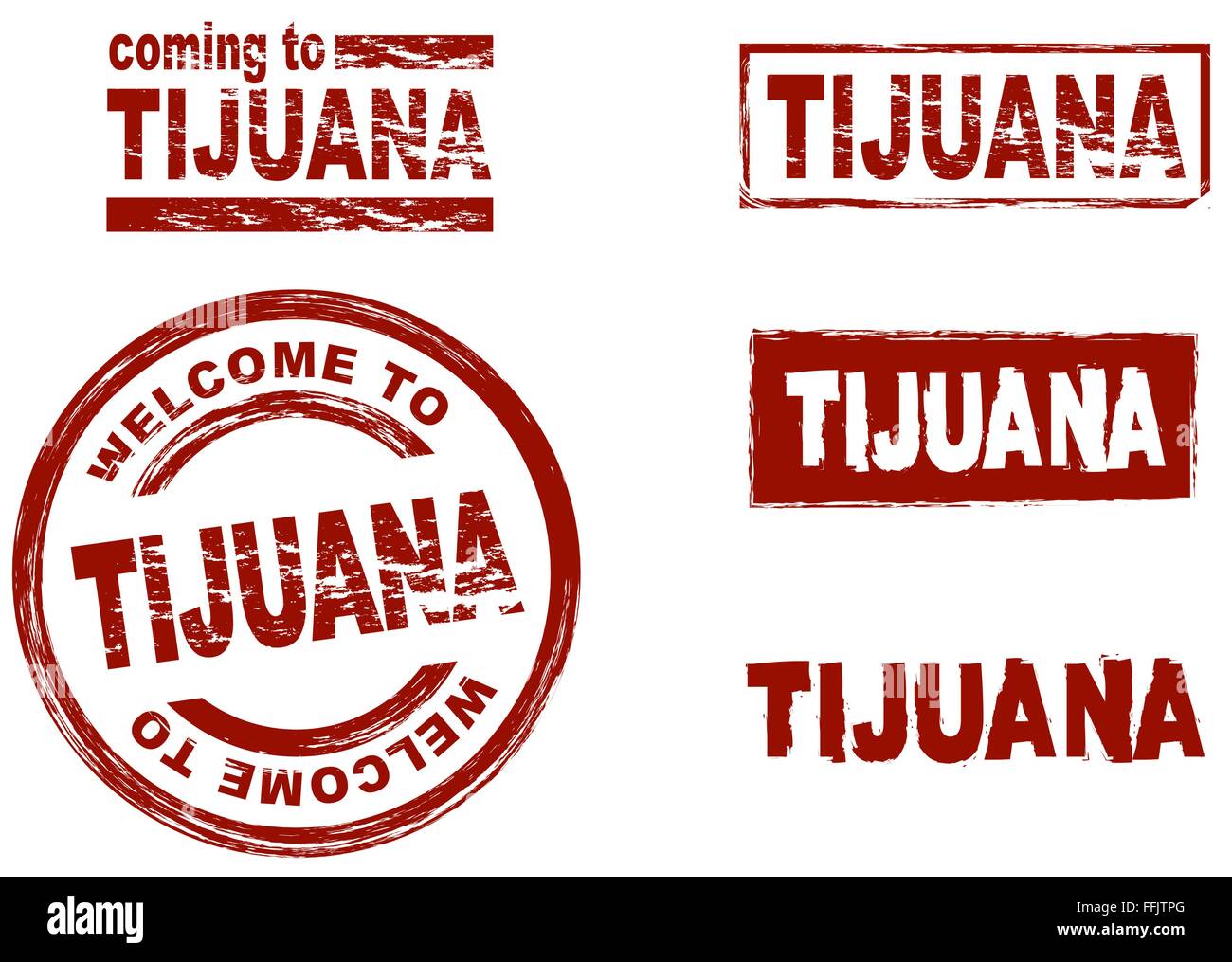 Set of stylized ink stamps showing the city of Tijuana Stock Vector