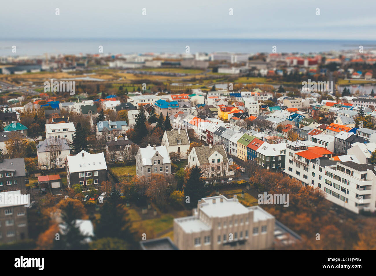 Tilt shift aerial view of Reykjavik Stock Photo