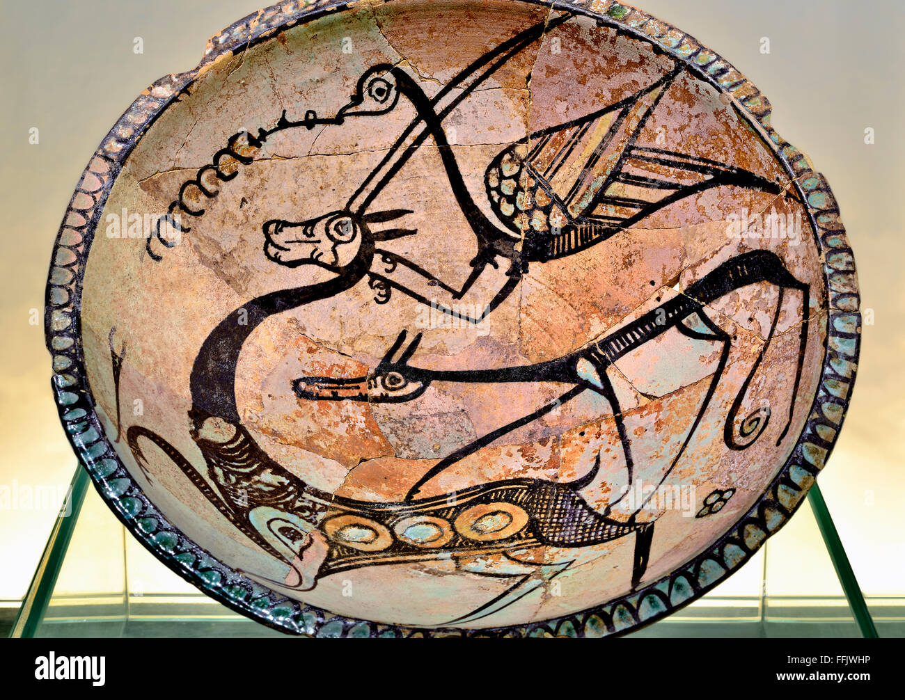 Portugal, Alentejo: Islamic terracotta plate with hunting scene in the Musem of Islamic Arts in Mértola Stock Photo