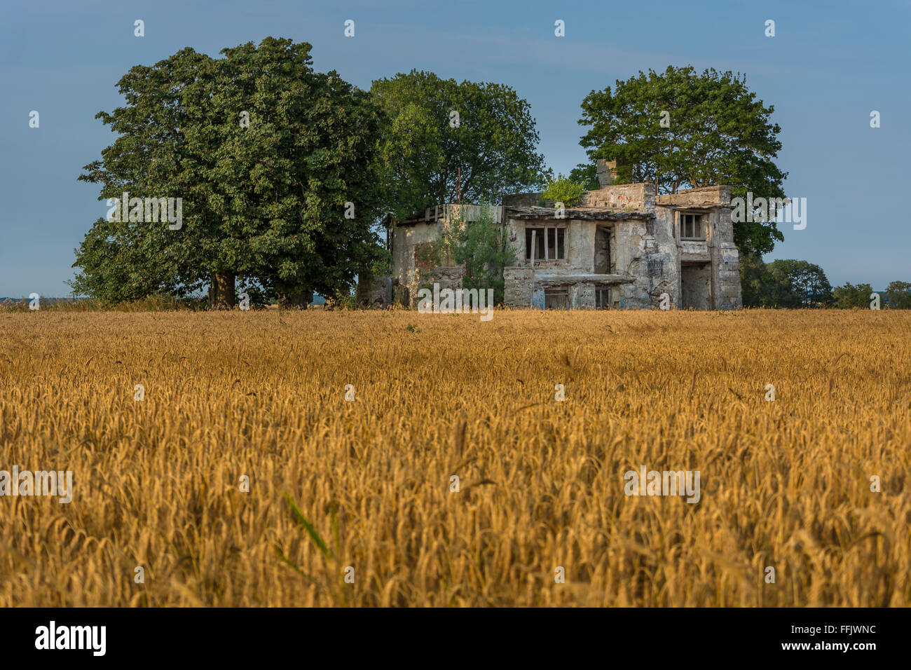 Abandoned building in the fields of Skåne, Sweden Stock Photo