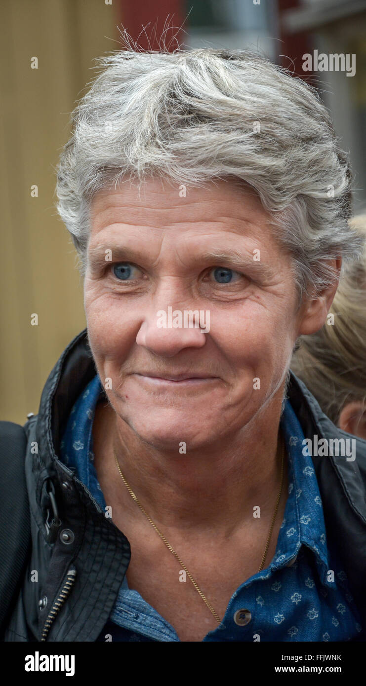 Pia Sundhage, coach for the Swedish national women's team in soccer, meeting fans. Stock Photo