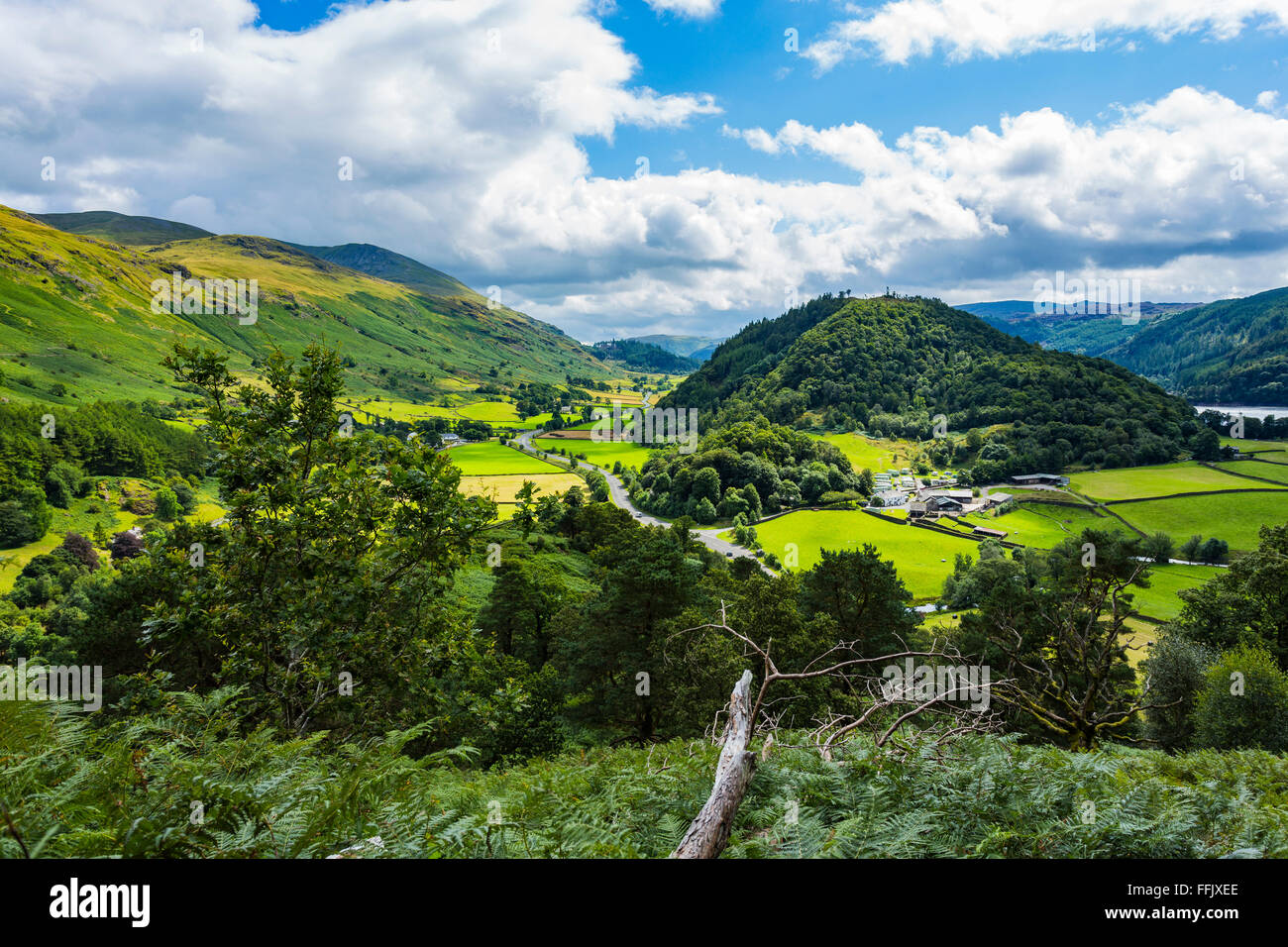 Thirlmere Landscape, High Bridge End Farm and Great How Wood, Lake District National Park, Cumbria, England Stock Photo