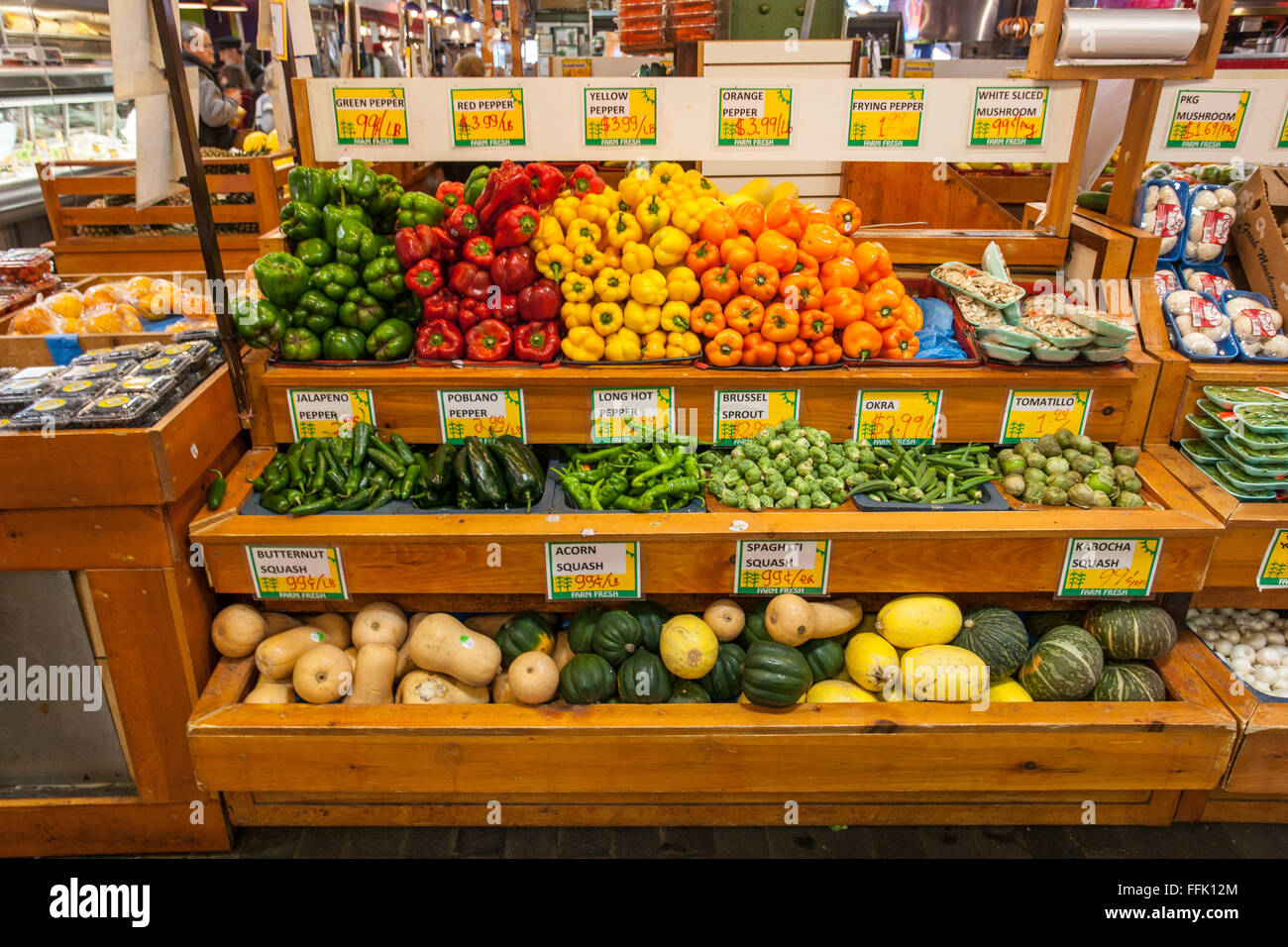 Colorful vegetables displayed for sale at a vendor's stand at Reading