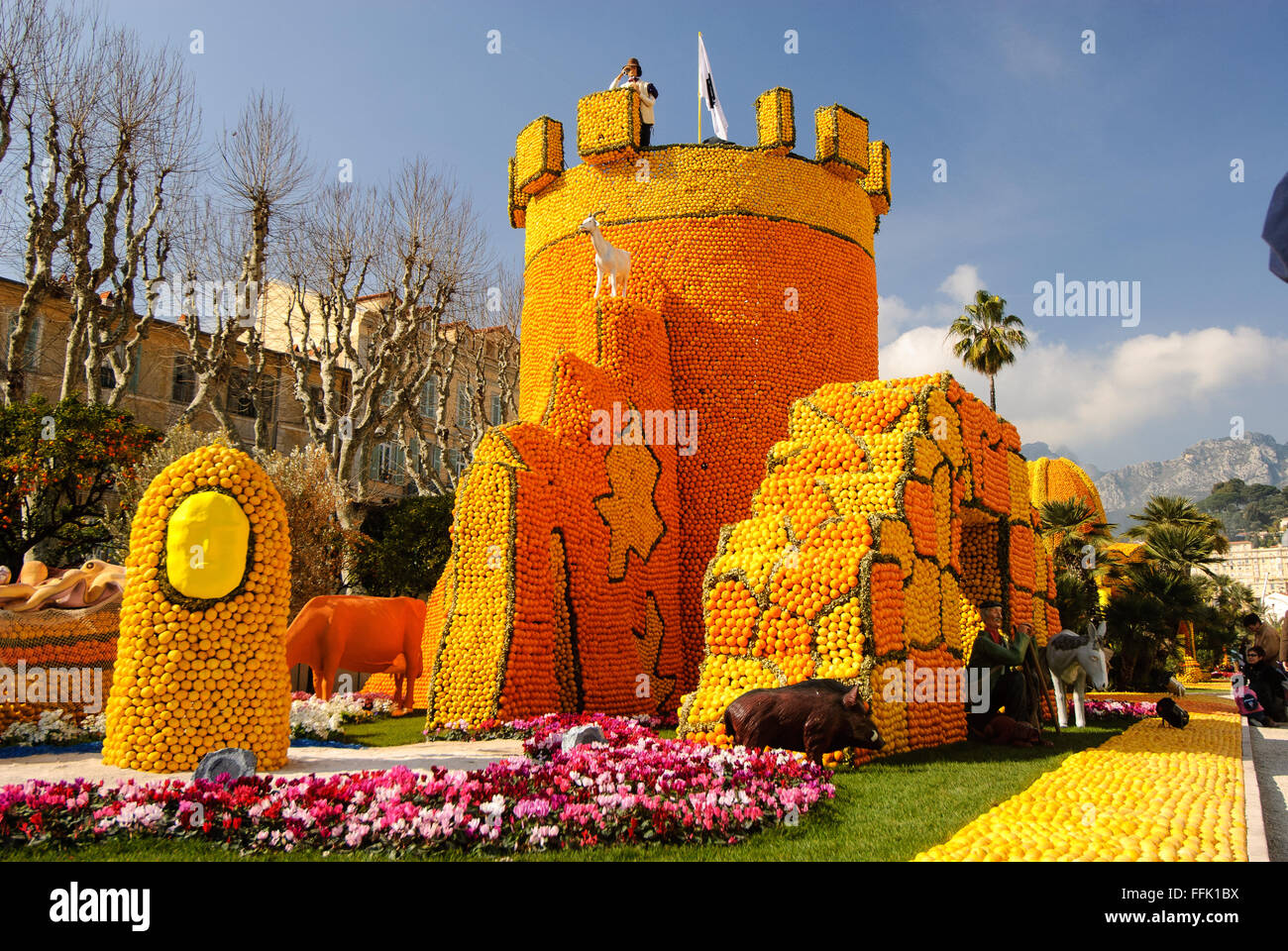Giant colourful structure made with oranges and lemon fruits as part of ...