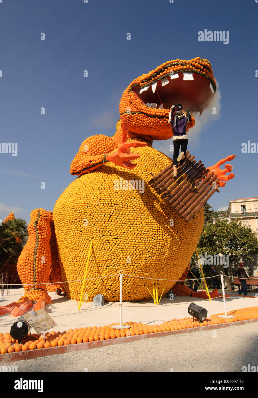 Giant colourful structure made with oranges and lemon fruits as part of the annual Menton Lemon Festival in the South of France Stock Photo