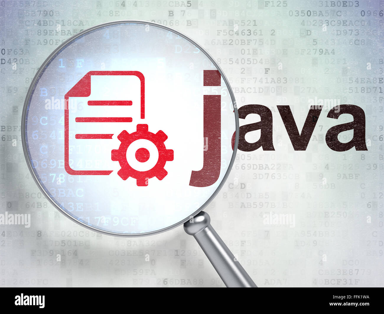 Programming concept Gear and Java with optical glass Stock Photo Alamy