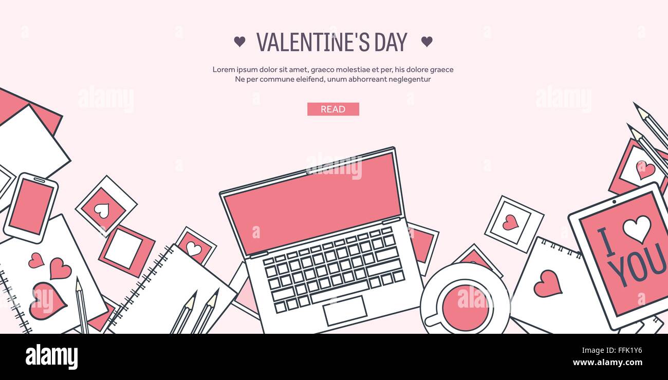 Vector illustration. Flat background with computer, laptop. Love ...