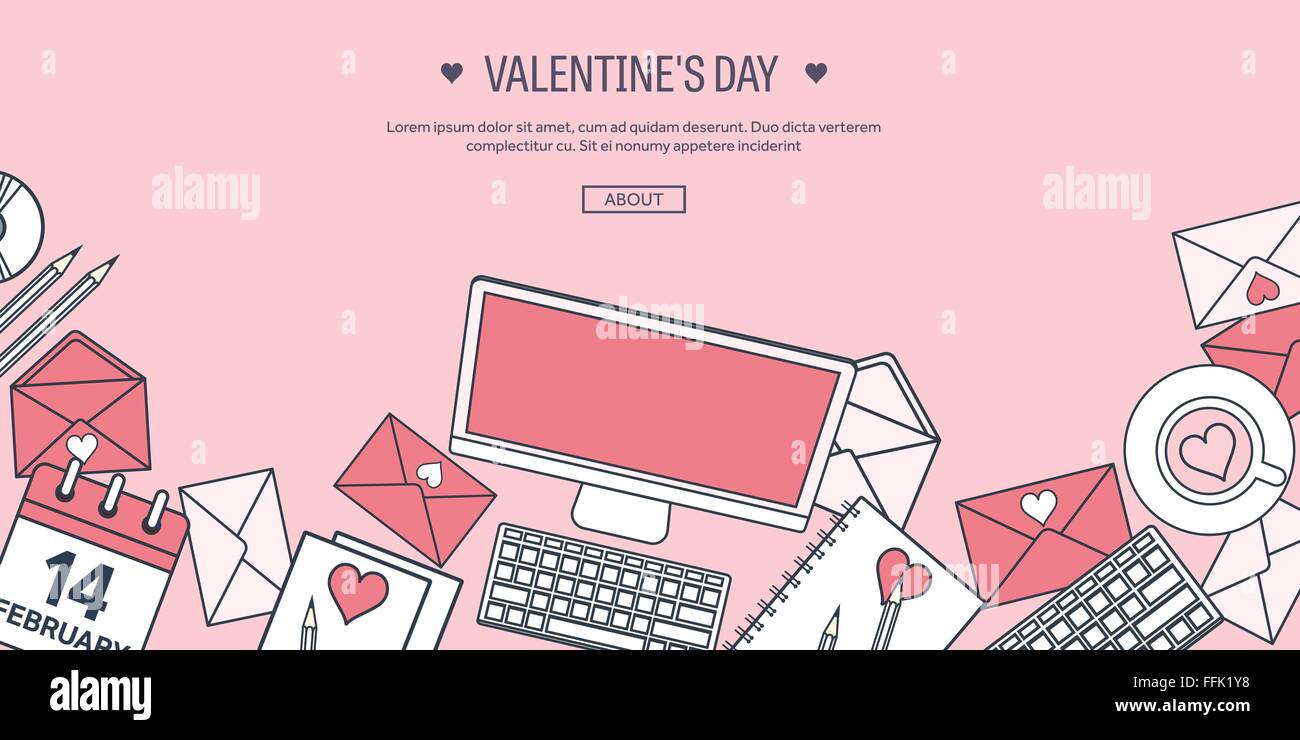 Vector illustration. Flat background with computer, laptop. Love ...