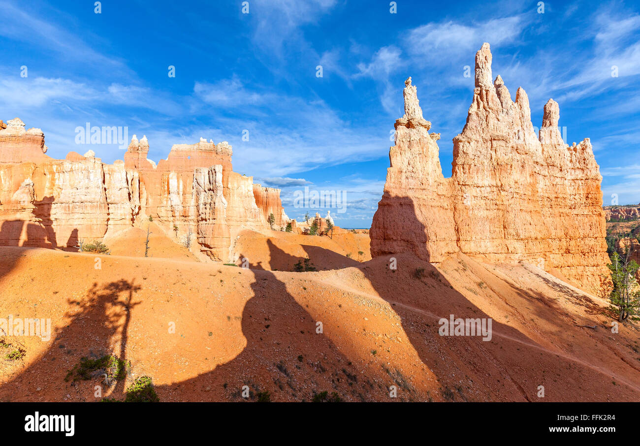 Long shadows on rock formations in Bryce Canyon National Park, Utah, USA. Stock Photo