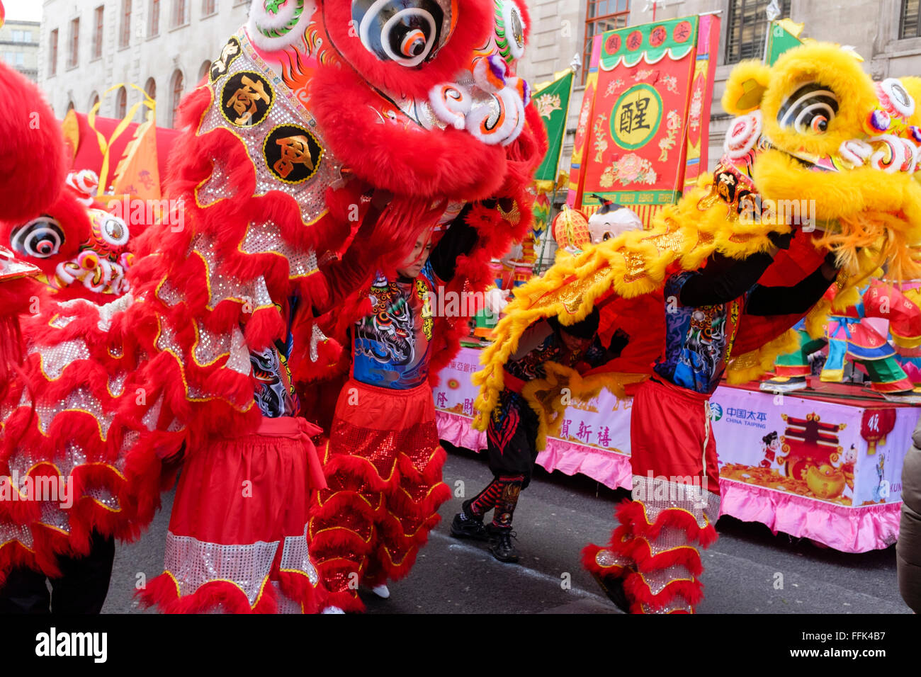 Chinese New Year, London: Lion dancers prepare for the parade Stock Photo