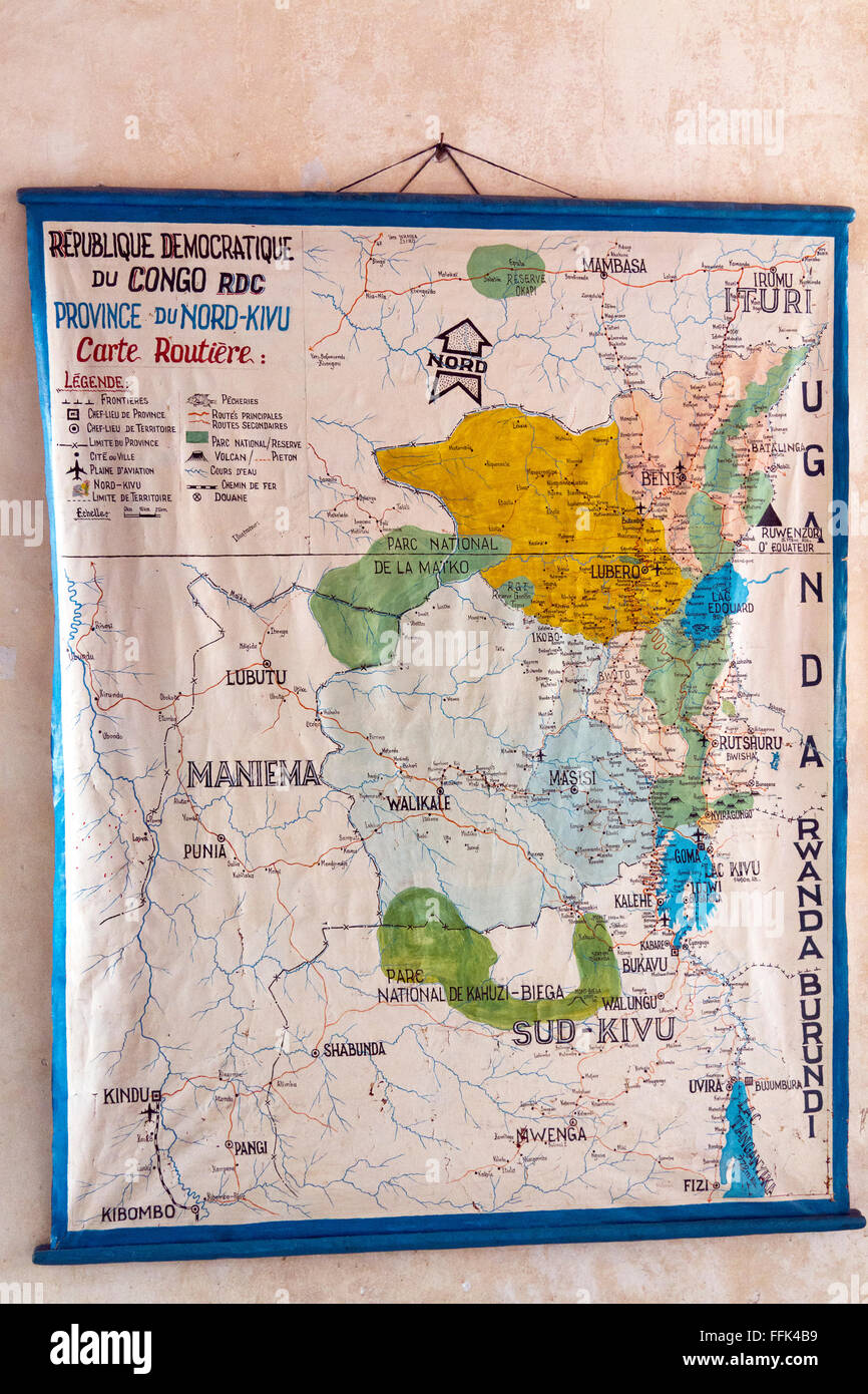 Map of the province of North Kivu, Democratic Republic of the Congo, DRC,Central Africa. Stock Photo