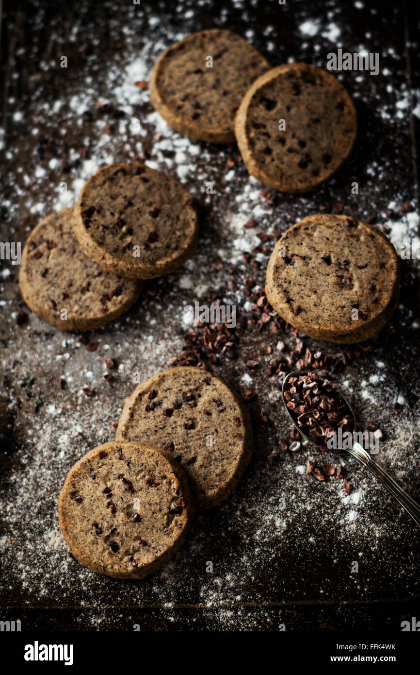 Delicious sable cookies with buckwheat flour, enriched with cocoa nibs