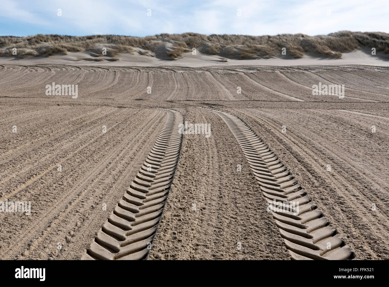 tyre marks in sand, sandy beach, Domburg, North Sea Coast, Zeeland, Netherlands Stock Photo